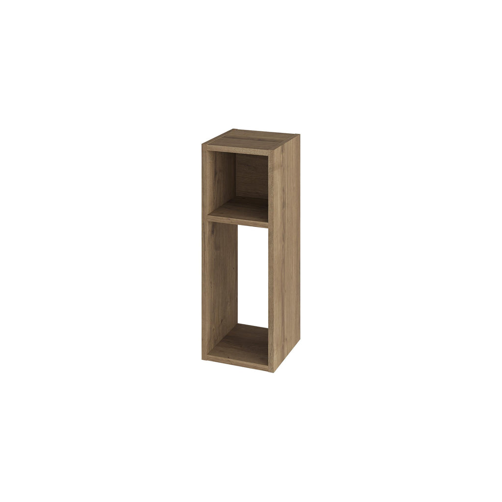 Dark oak open bookcase with one top shelf and tall middle compartment, rectangular frame