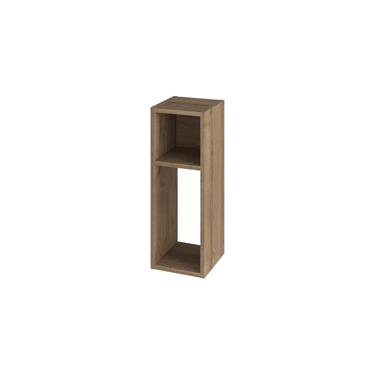 Dark oak open bookcase with one top shelf and tall middle compartment, rectangular frame