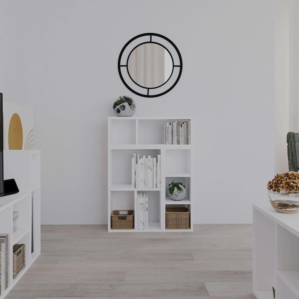 White modular bookcase with open cubbies and shelves for books and decor