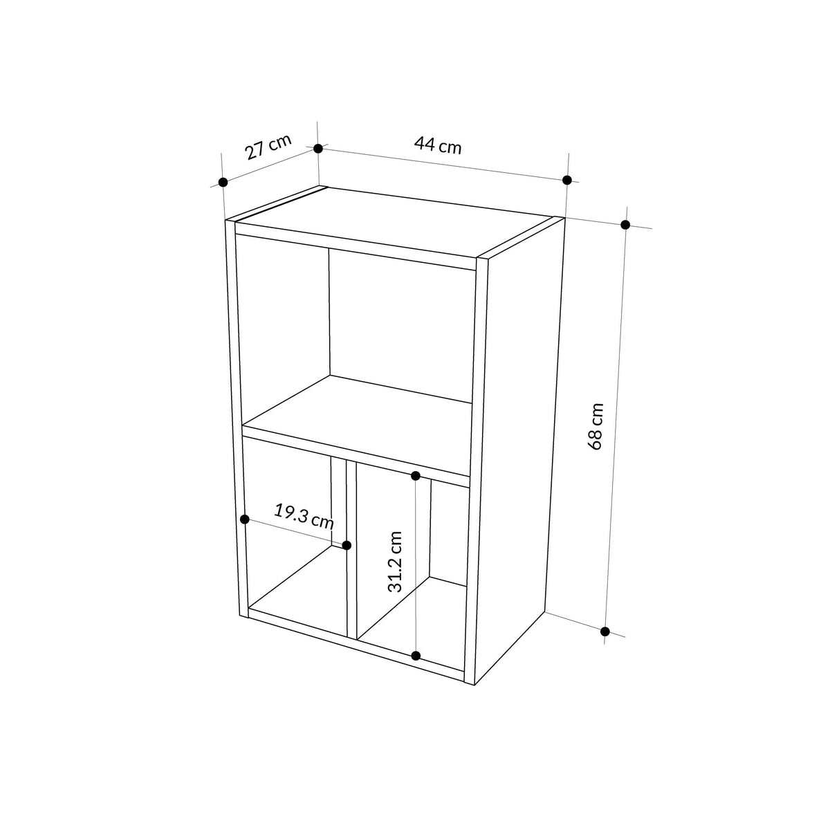 Modular low standing bookcase size diagram with labeled height and width