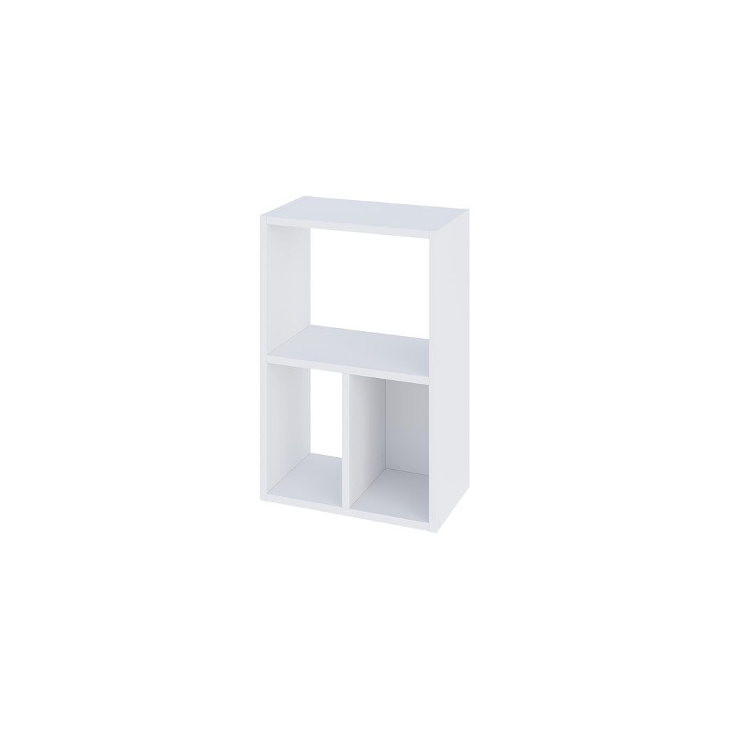 White modular low standing bookcase with open grid shelves and cubby openings