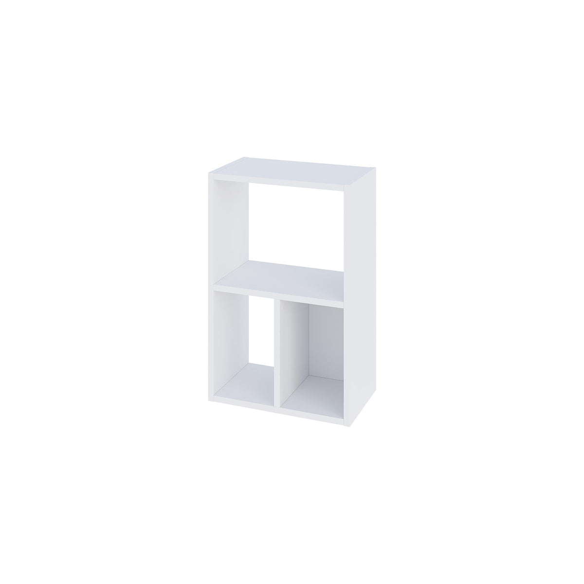 White modular low standing bookcase with open grid shelves and cubby openings