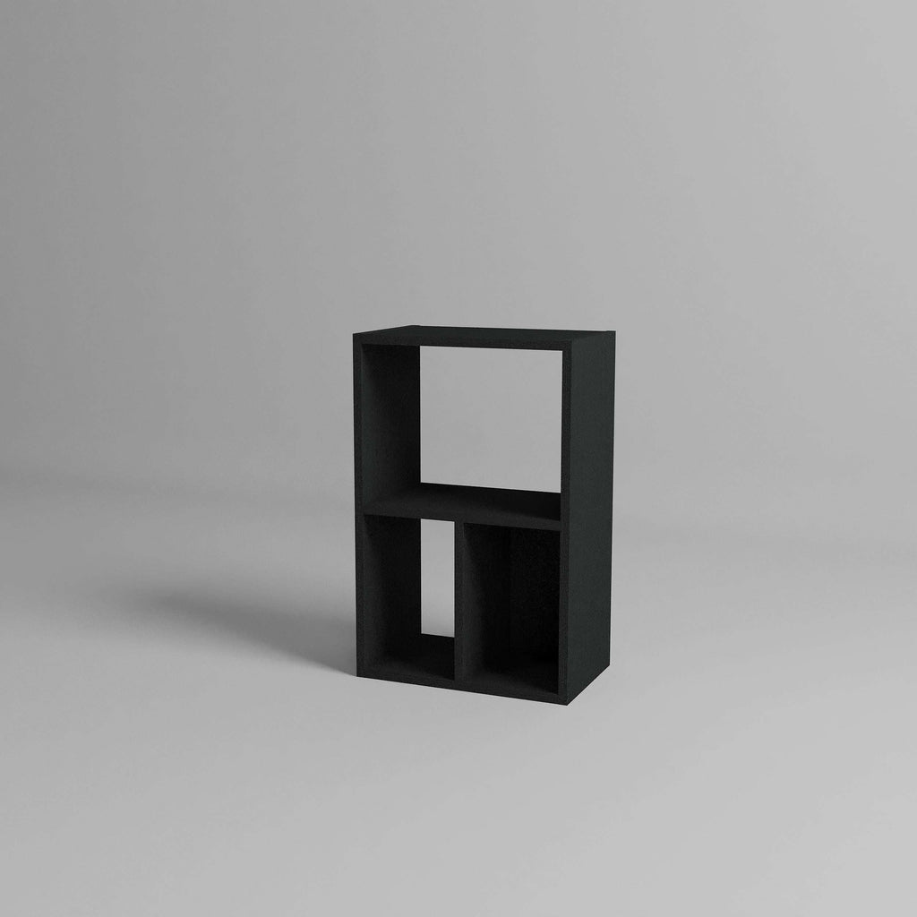 Black modular low bookcase with open cubby compartments and two shelf levels