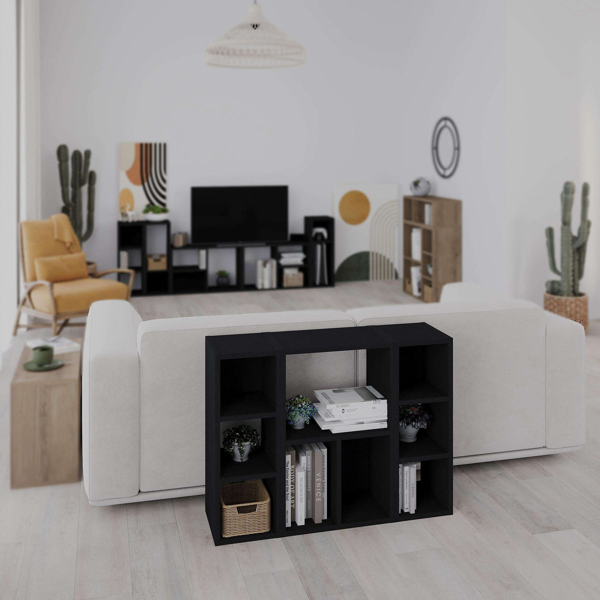 Black open cubby modular bookcase unit with multiple storage compartments