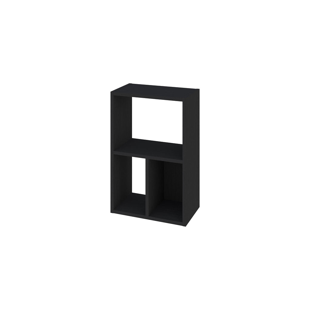 Black open modular shelf unit with top and two grid-like compartments