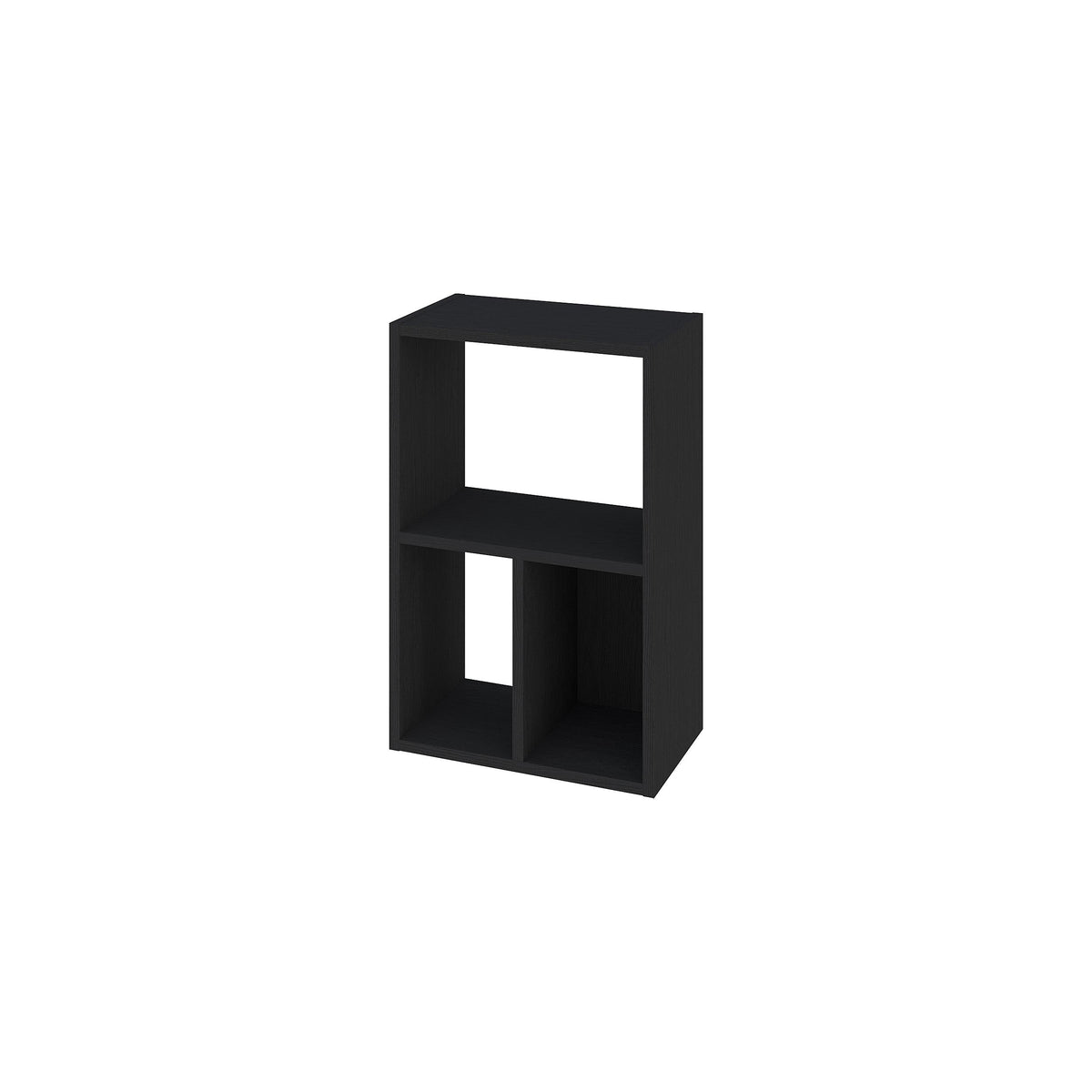 Black open modular shelf unit with top and two grid-like compartments