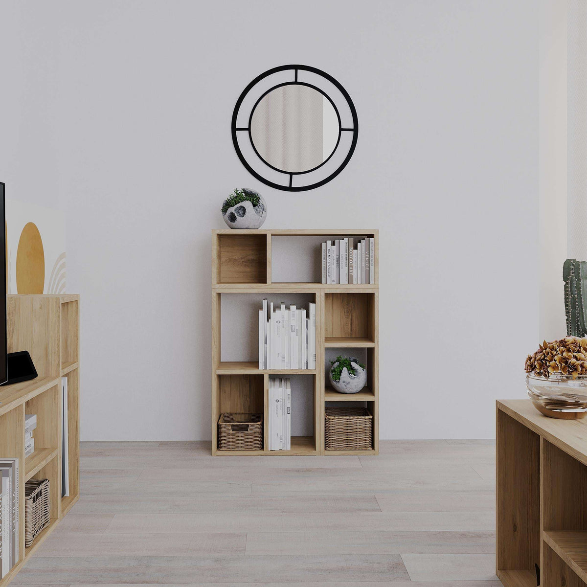 Sapphire Oak modular bookcase with open cubby compartments and shelves