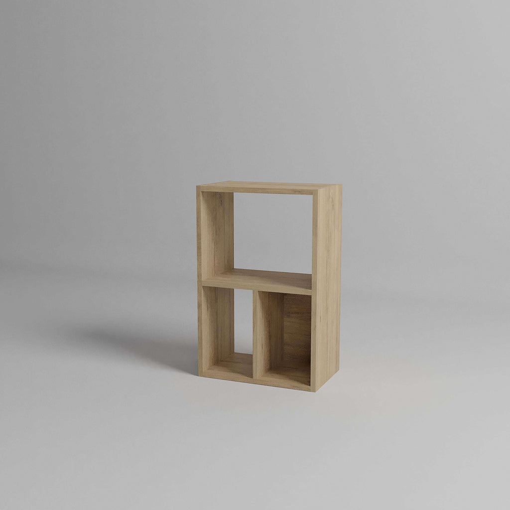 Modular low bookcase with light oak finish and open cubby compartments