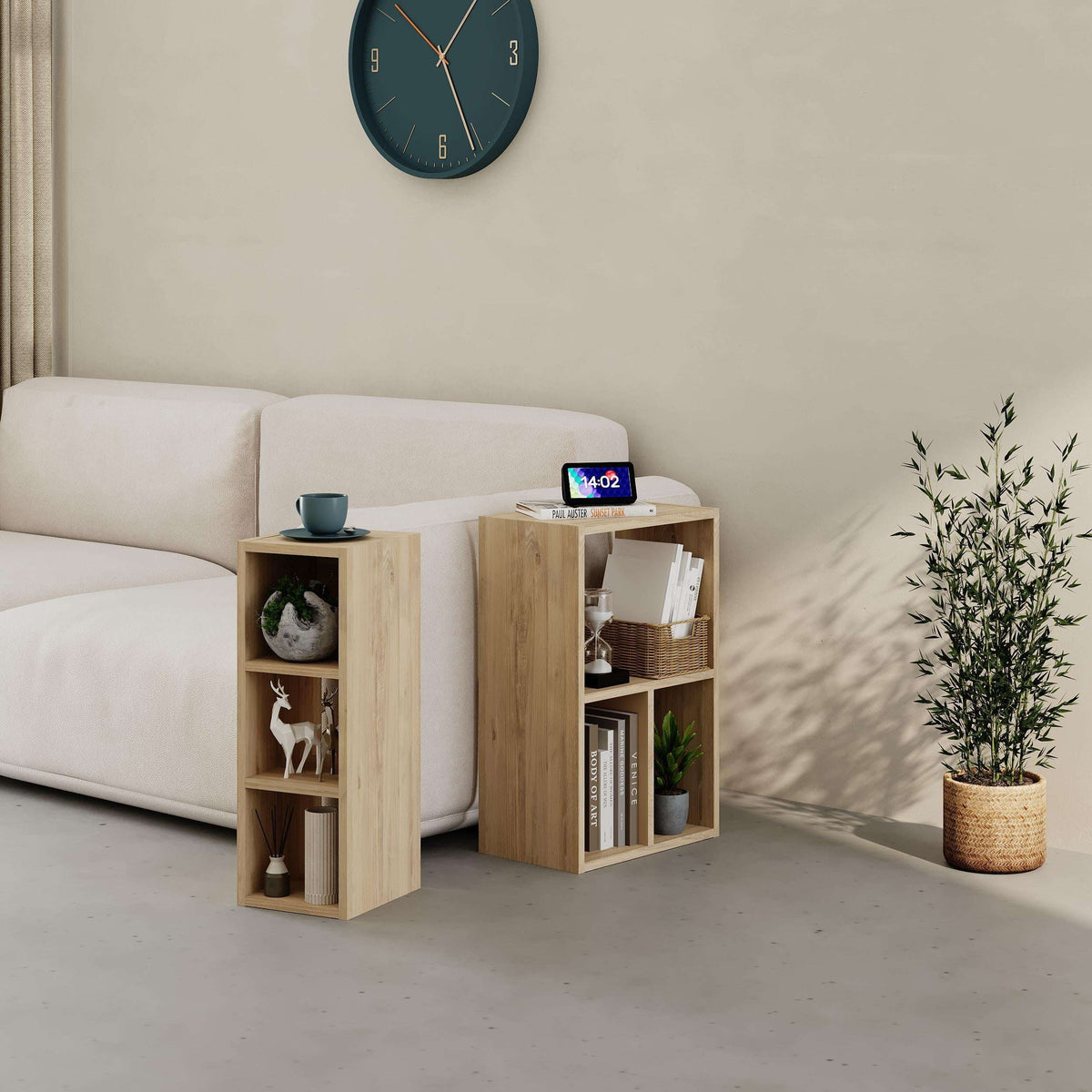 Light wood modular low bookcase set with open cubby shelves for books and decor
