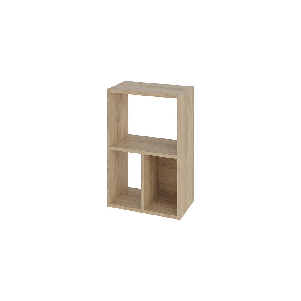 Light wood modular low standing bookcase with open cubbies and two shelf levels