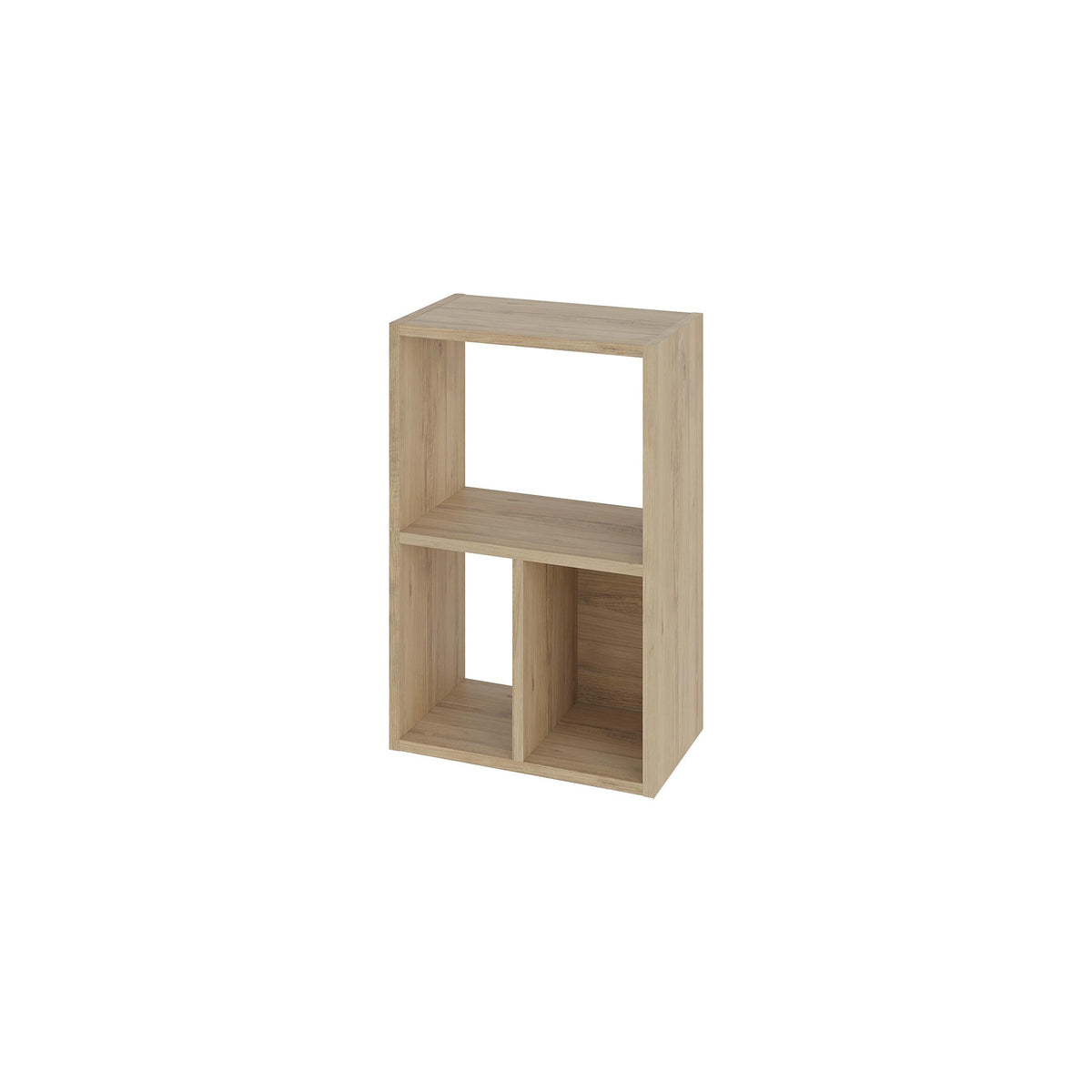 Light wood modular low standing bookcase with open cubbies and two shelf levels