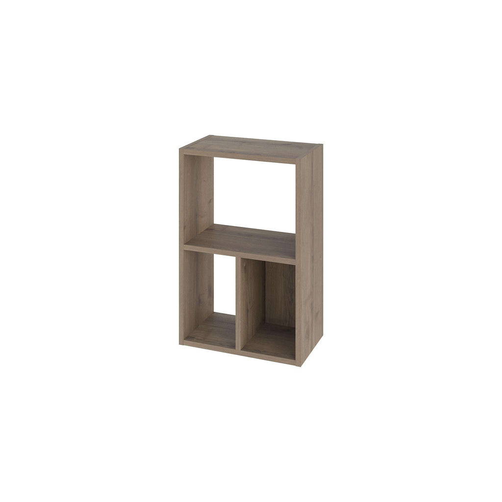 Low standing gray wood bookcase with open cube compartments for storage