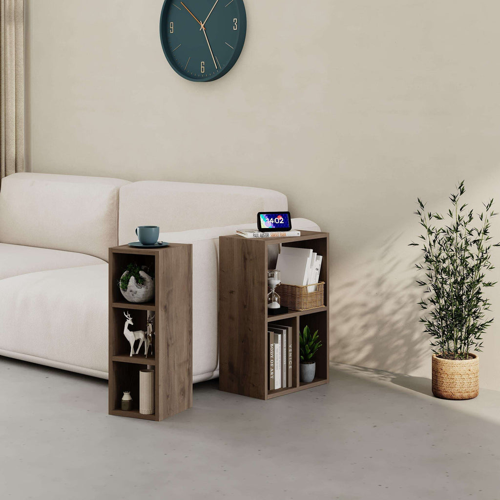 Low standing modular bookcase with open shelves, dark wood finish, square frame