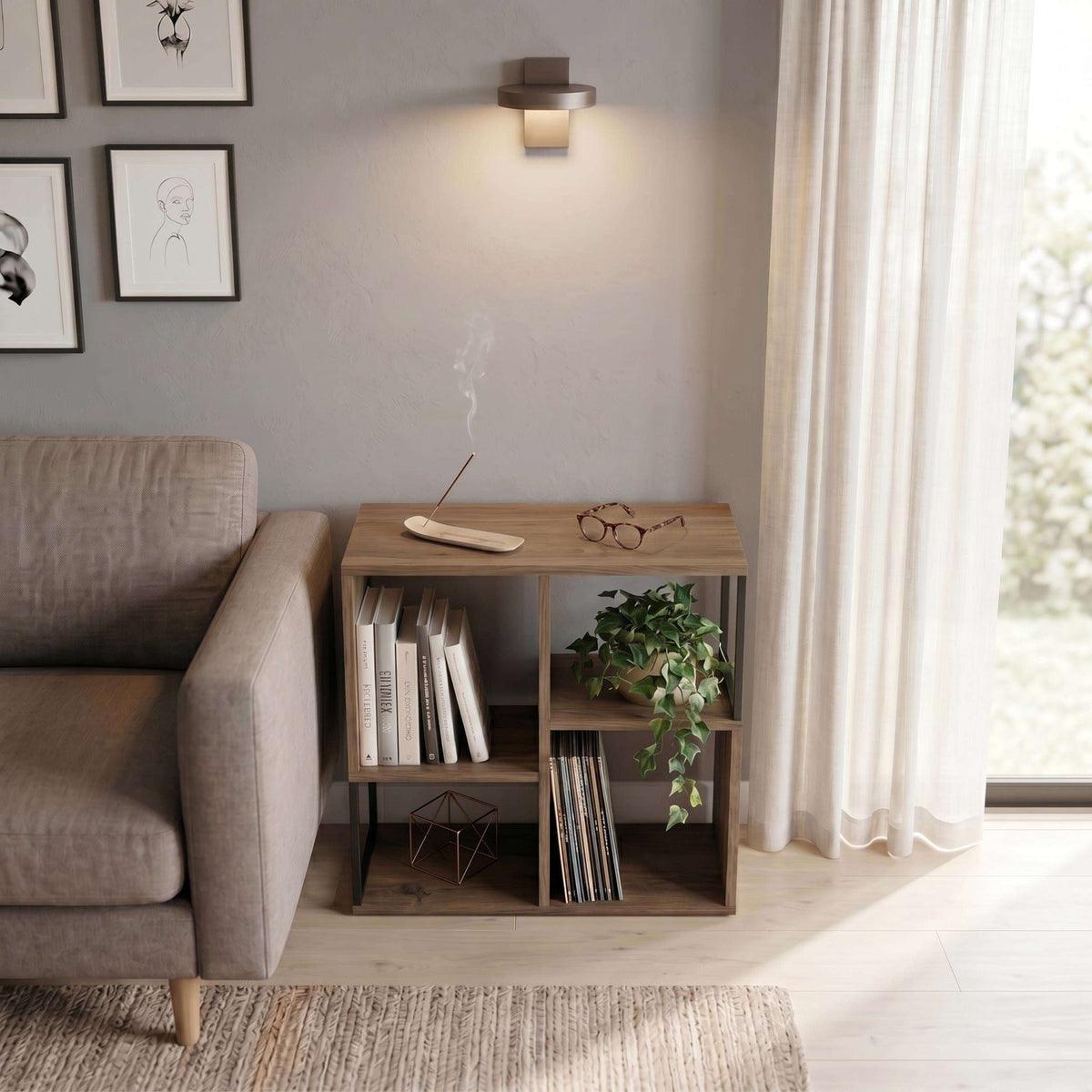 Wood mini bookcase side table with open cubby shelves and black metal legs