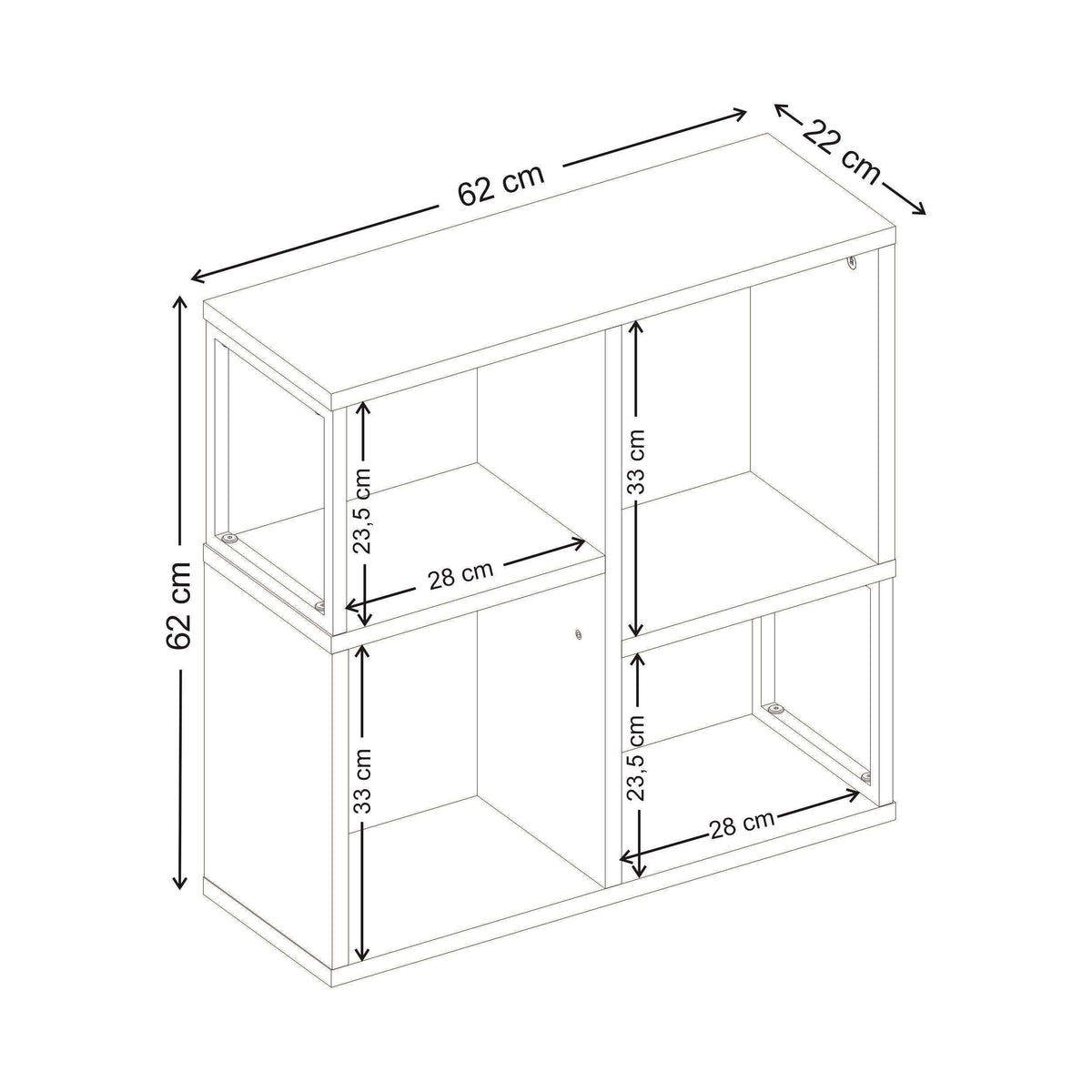 Mini bookcase side table technical drawing with labeled dimensions