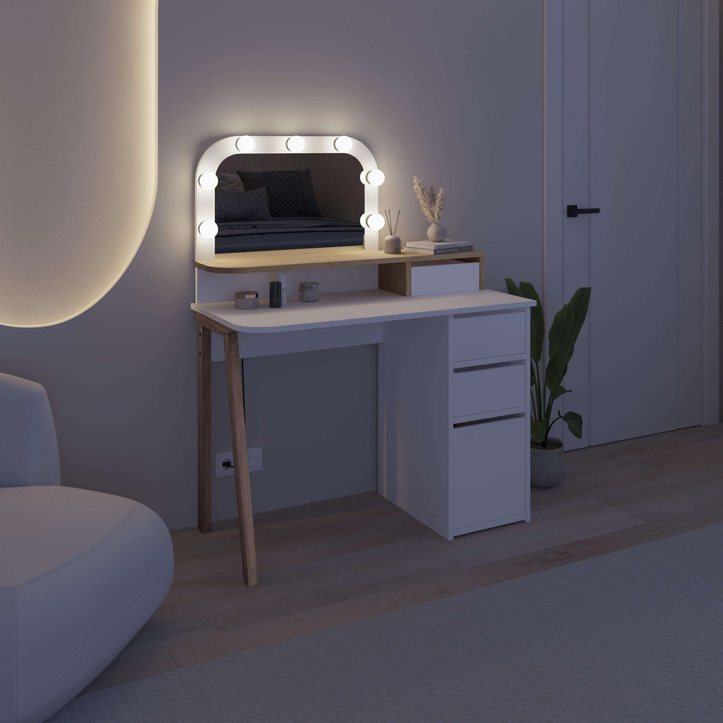 Blue dressing table set with LED mirror, storage drawers, and open shelves.