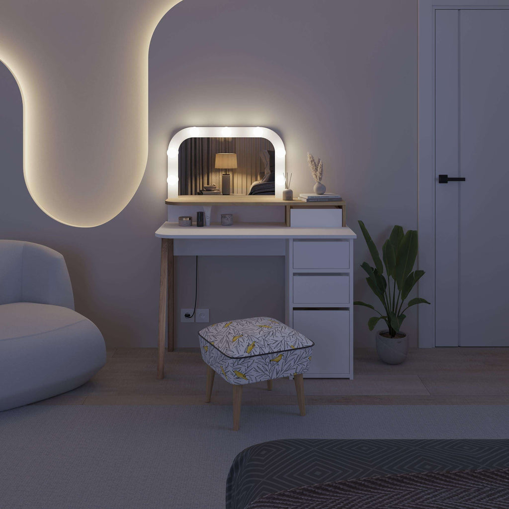 Blue dressing table set with illuminated LED mirror and 3-drawer cabinet.
