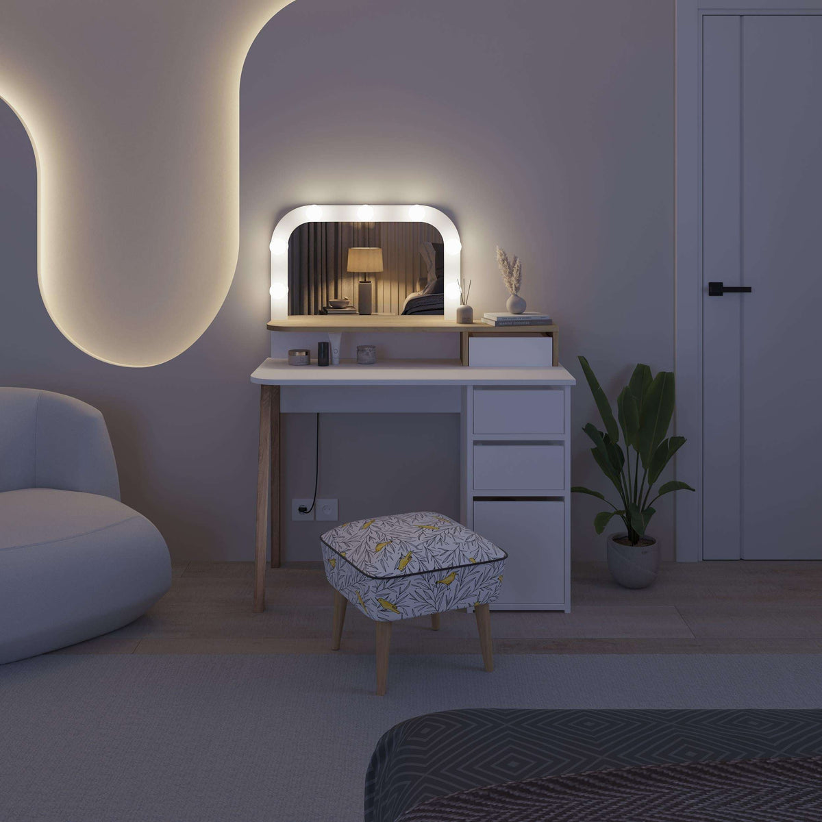 Blue dressing table set with illuminated LED mirror and 3-drawer cabinet.