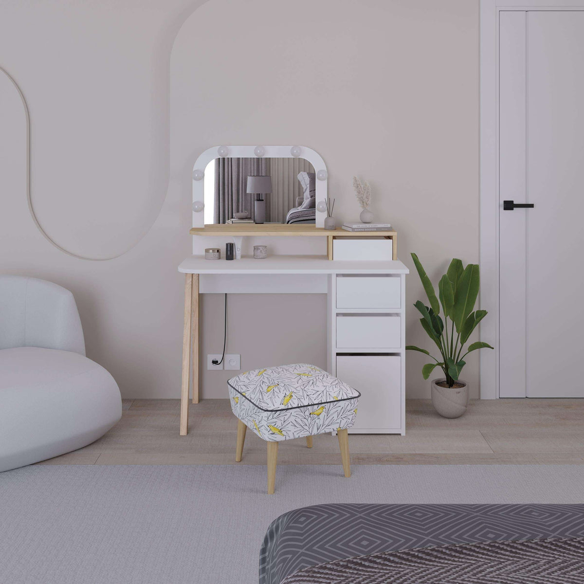 Blue dressing table set with LED mirror, open shelf, and 3-drawer cabinet.