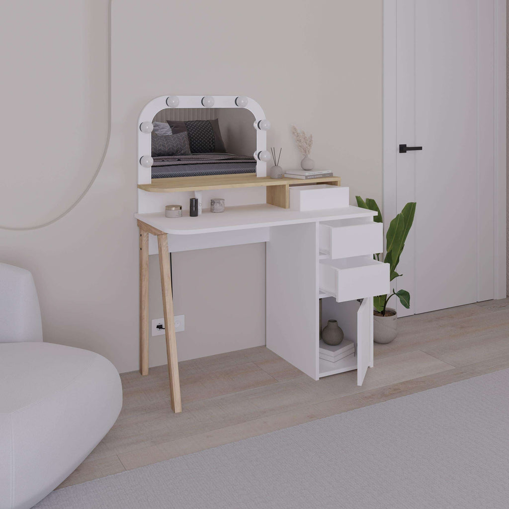 White vanity dressing table set with LED mirror and 3 drawers on a cabinet.