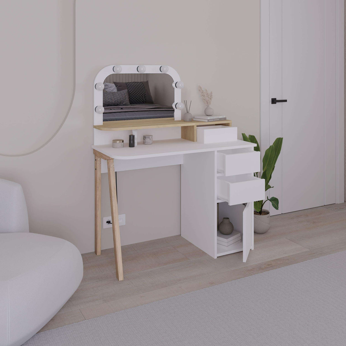 White vanity dressing table set with LED mirror and 3 drawers on a cabinet.