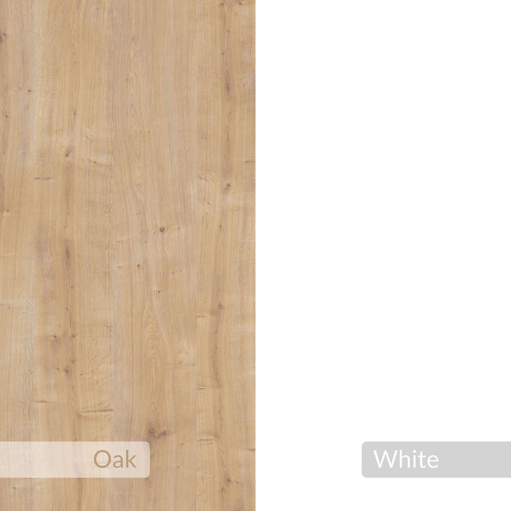 Close-up of oak wood grain and white panel finish