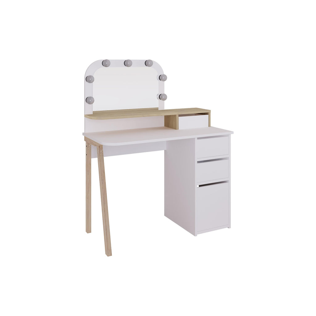 White dressing table with LED mirror and 3-drawer storage cabinet.