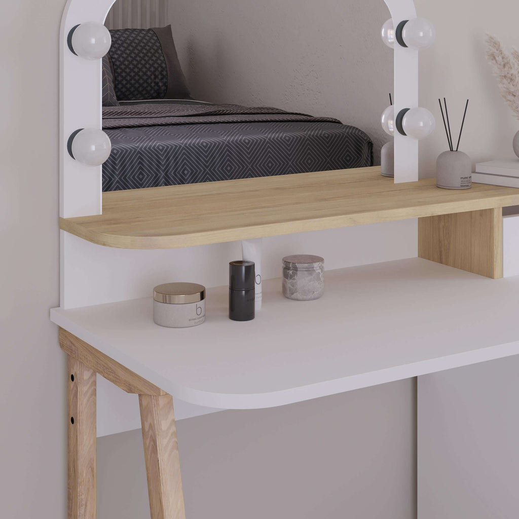 LED mirror dressing table with two-tier shelves and white storage cabinet drawers.