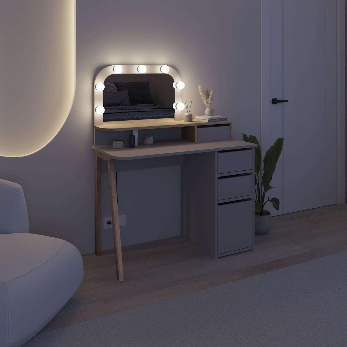 Grey dressing table with round LED mirror lights and 3-drawer side cabinet