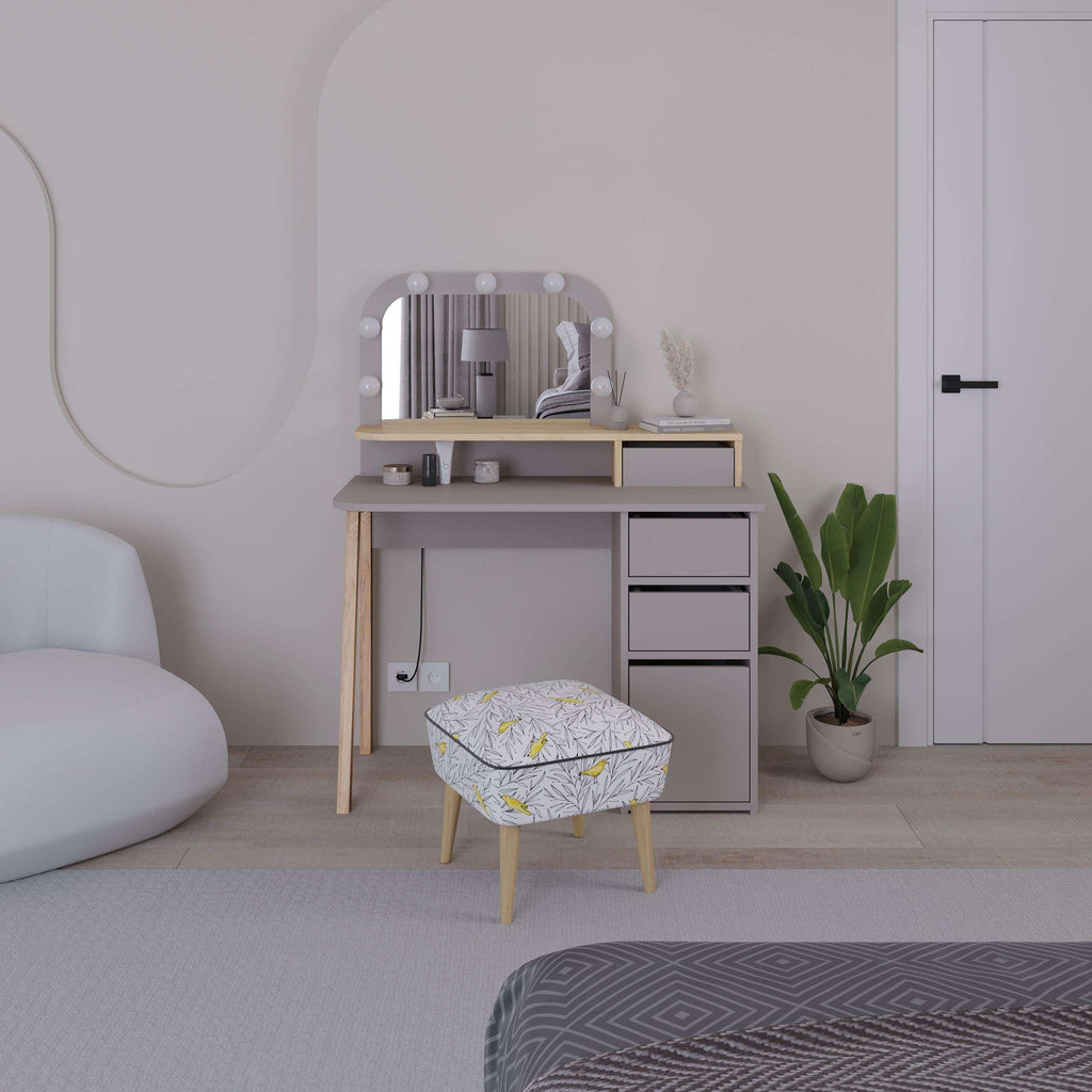 Grey dressing table with LED mirror, built-in shelves, and drawer storage cabinet