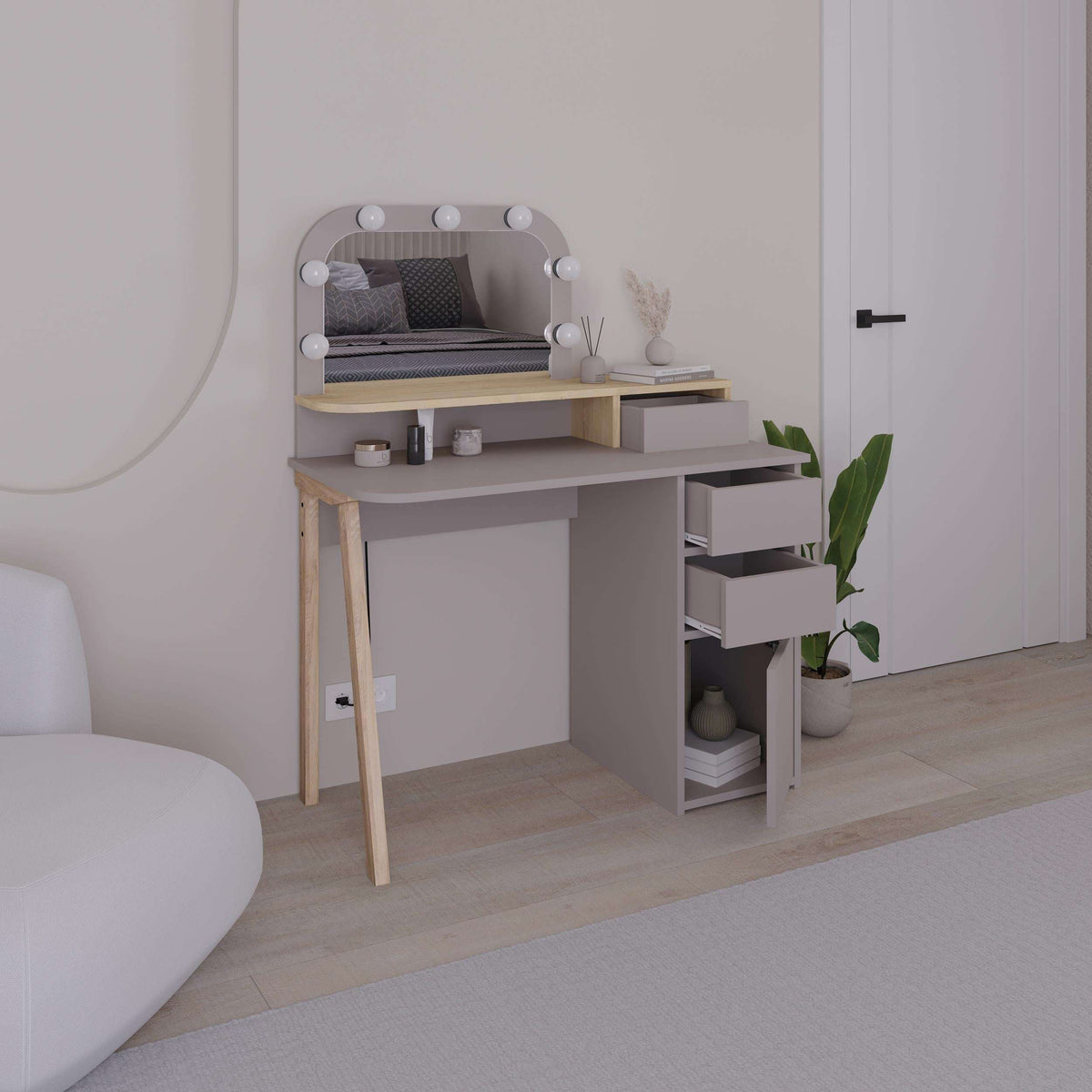 Grey dressing table set with LED mirror, open shelf, and cabinet drawers for storage