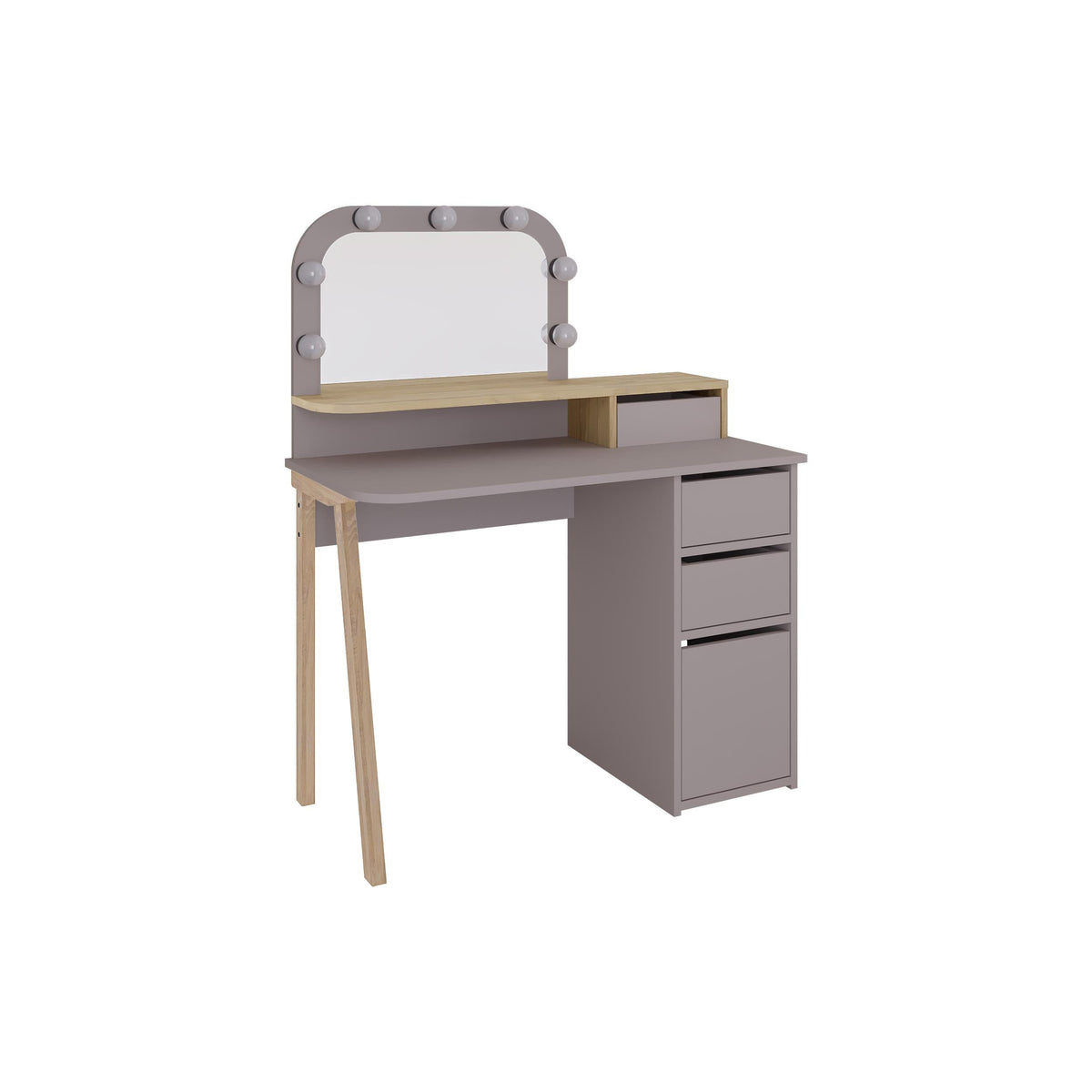 Grey dressing table with LED mirror frame, open shelves, and 3-drawer cabinet