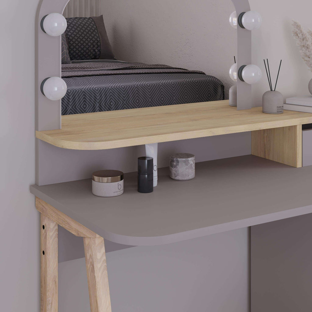 Dressing table detail view with LED bulbs, oak shelf, and countertop storage