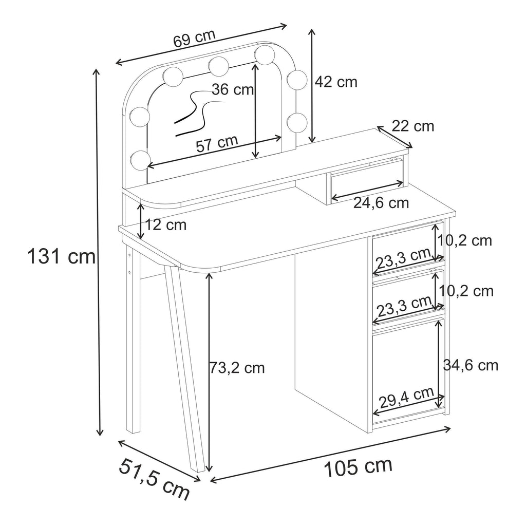Dressing table set dimensions diagram with height, width, and drawer measurements.