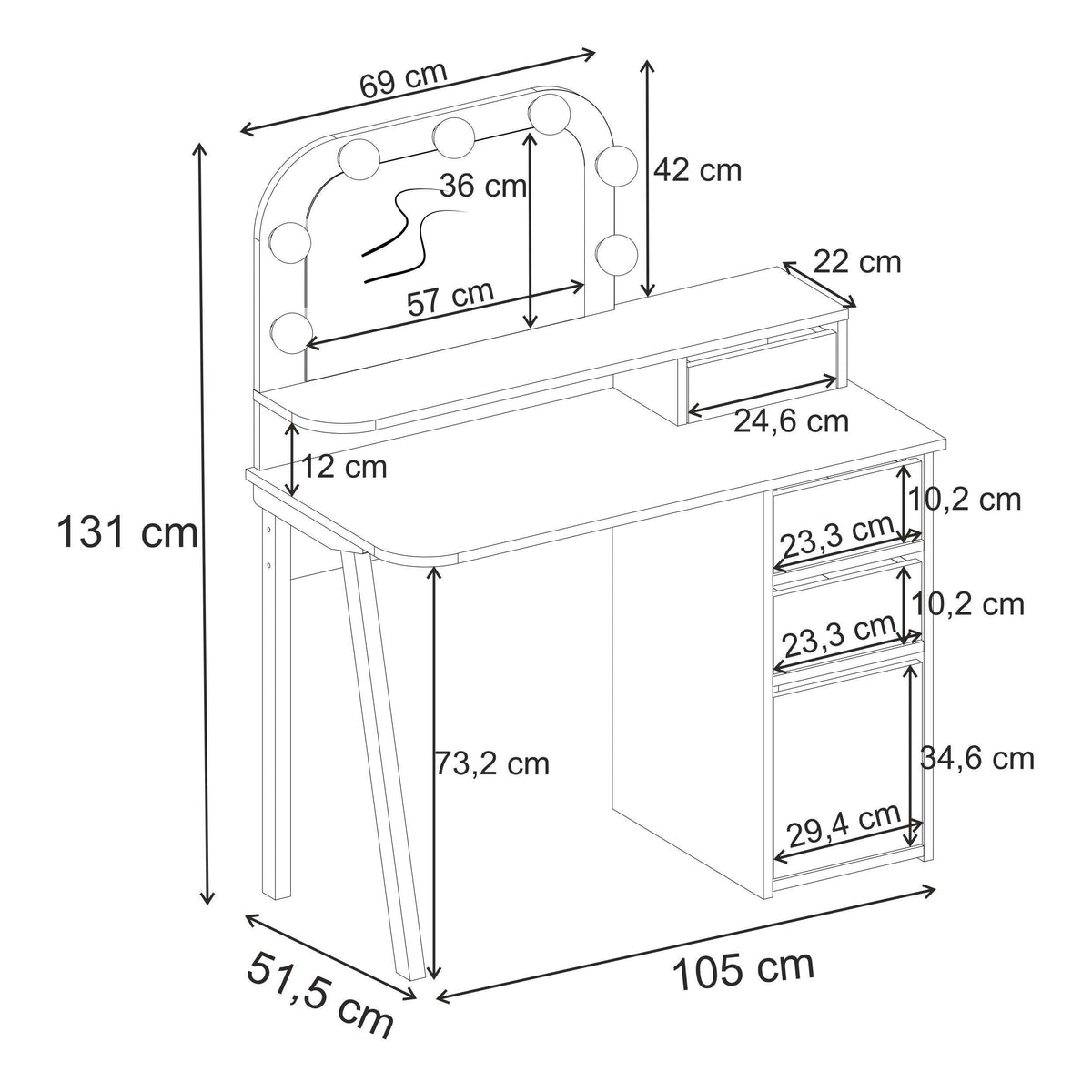 Dressing table set dimensions diagram with height, width, and drawer measurements.