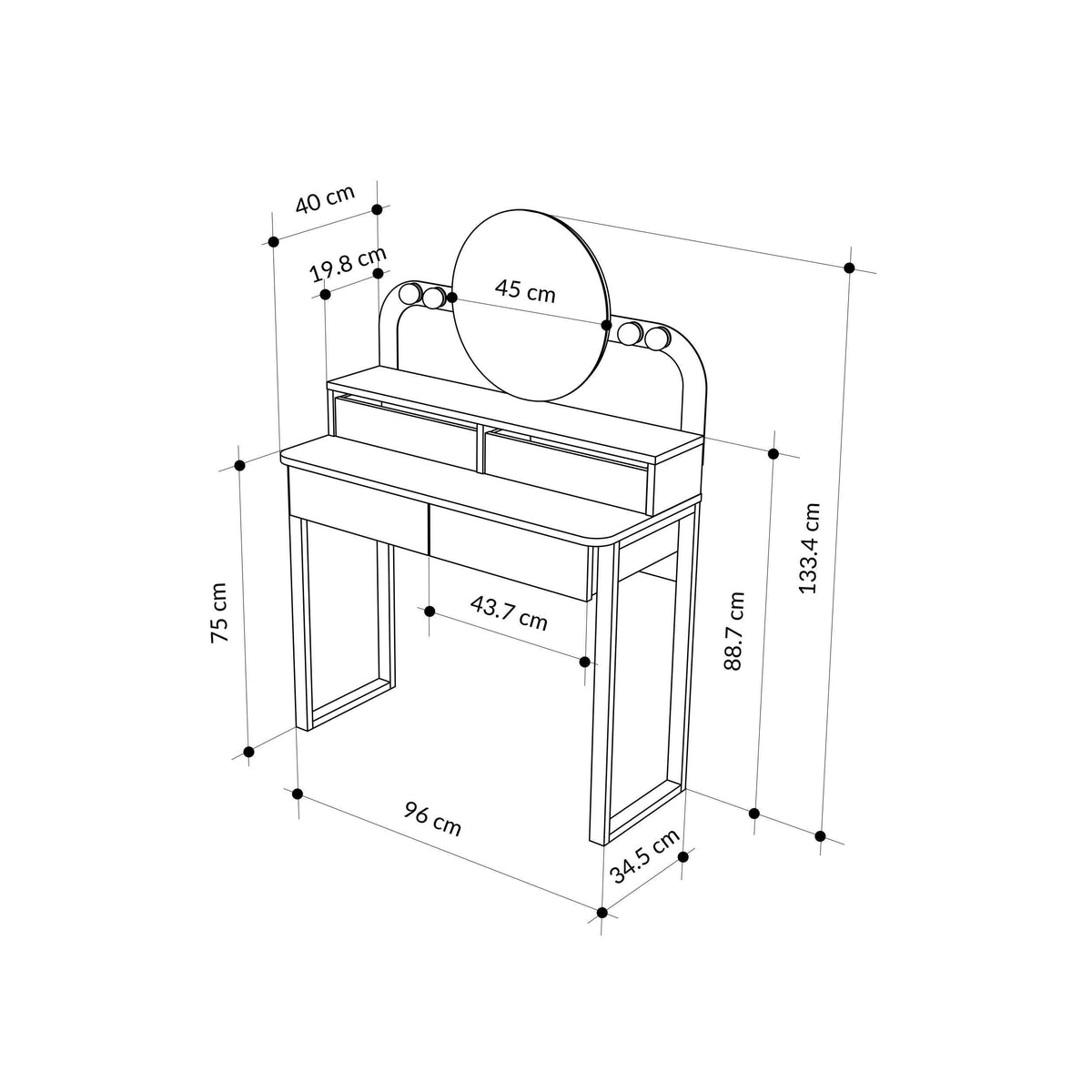 L-shaped vanity table size diagram with round LED mirror and drawers; dimensions shown