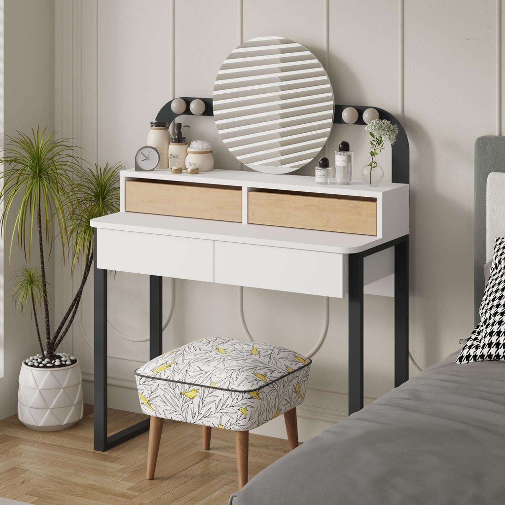 White vanity table with round LED mirror, two drawers, and oak-toned center panel