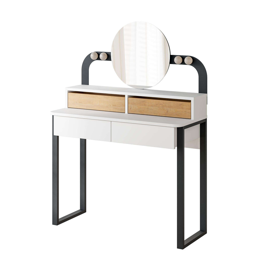 White vanity table with round mirror and LED bulbs on arched side frames
