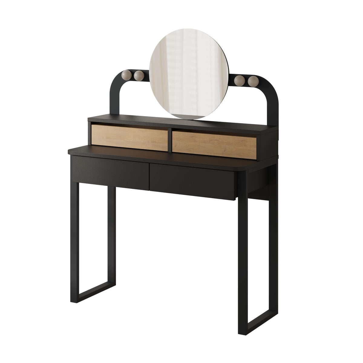 Black vanity table with round mirror and LED bulbs on arched side frames
