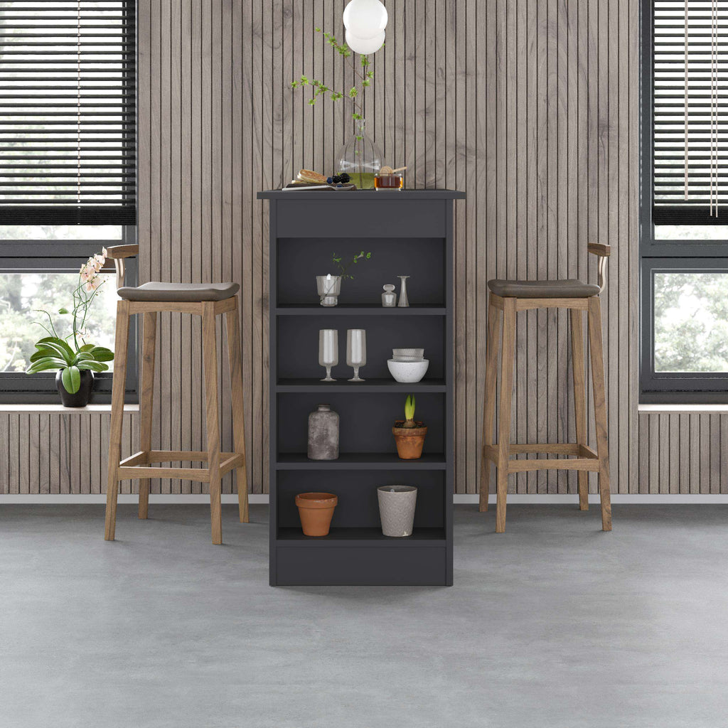 Modern kitchen bar table with storage shelves, dark anthracite finish and tiered open shelving