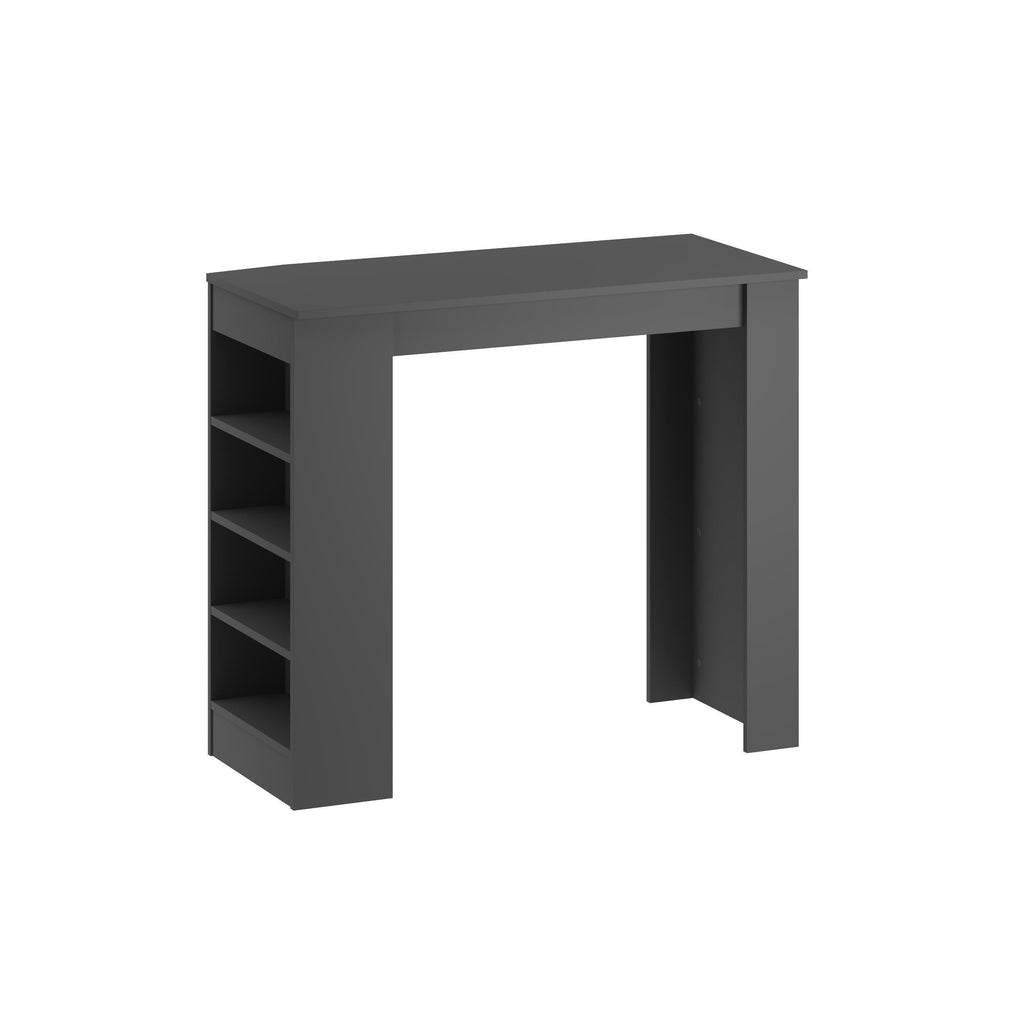 Dark grey kitchen bar table with left-side storage shelves and open center