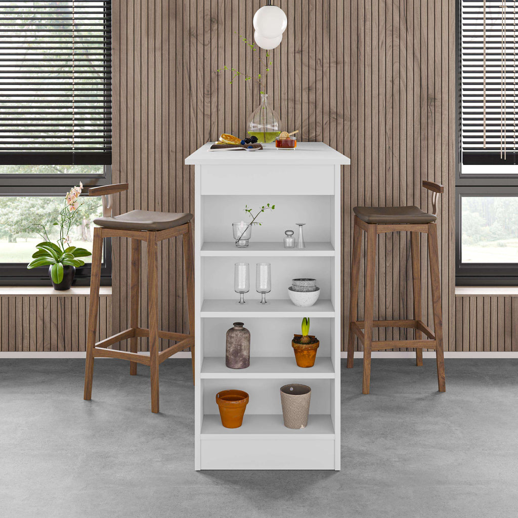 White standing bar table with light wood top and open storage shelves, 5 compartments