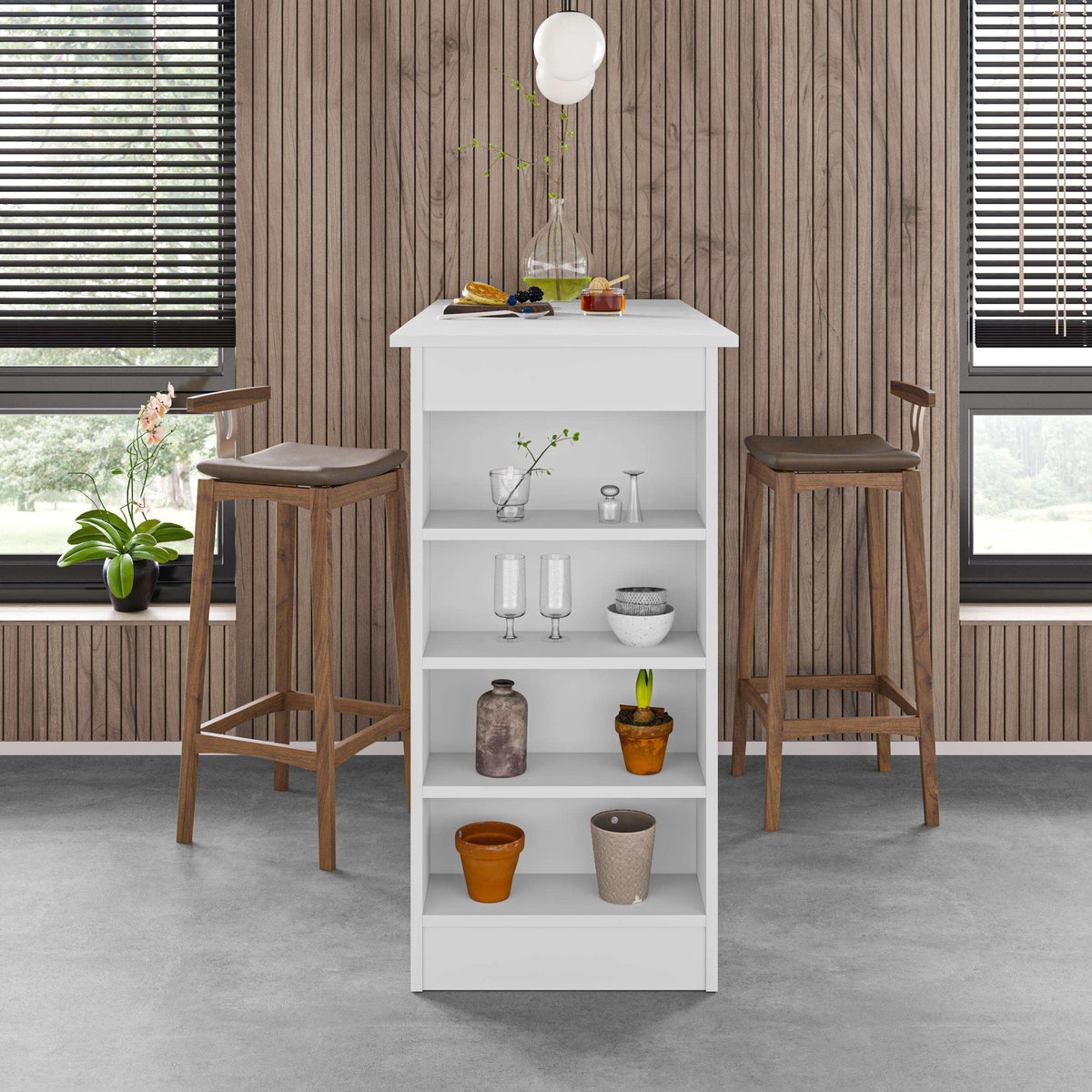 White standing bar table with light wood top and open storage shelves, 5 compartments