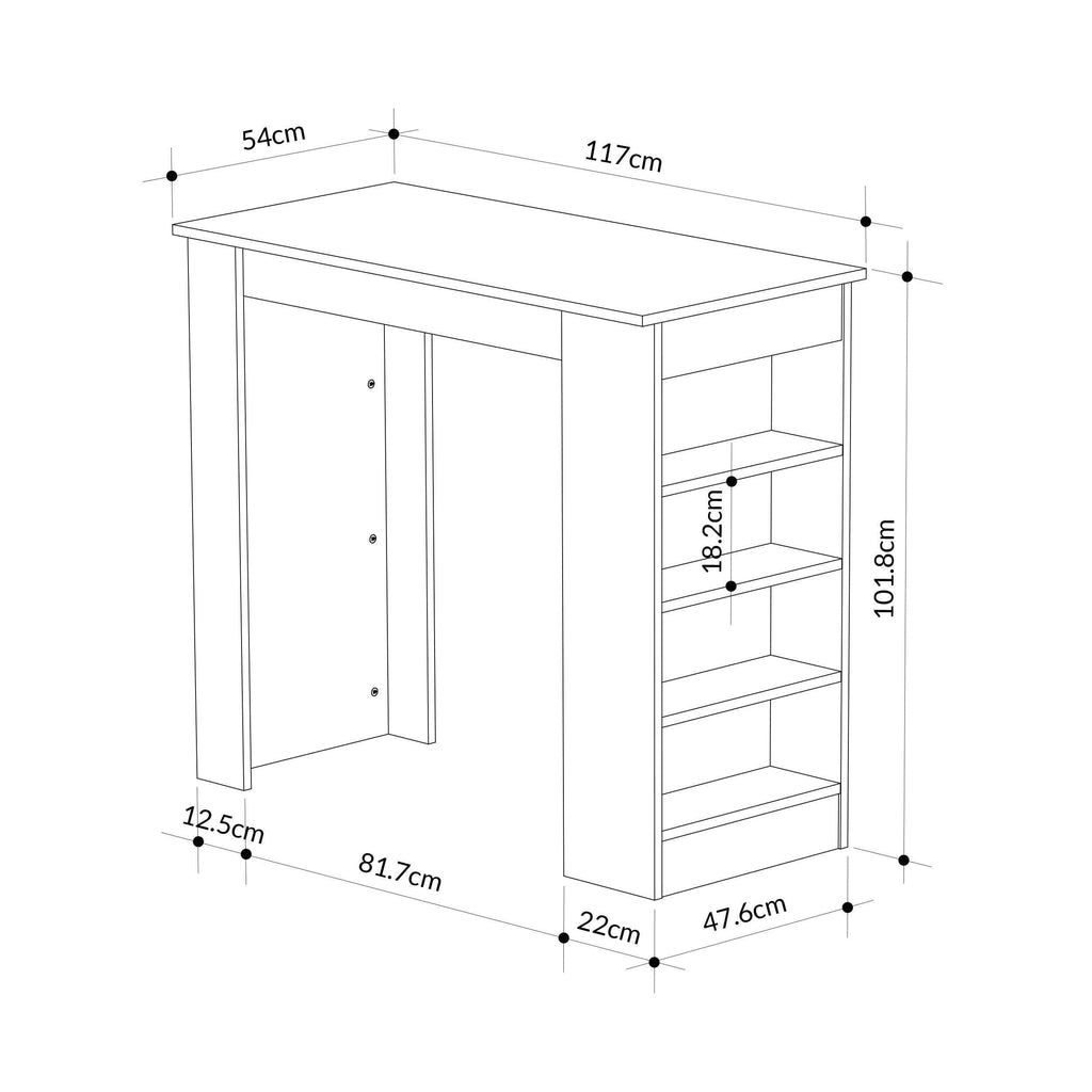 Kitchen bar table with storage shelves, dimensions diagram