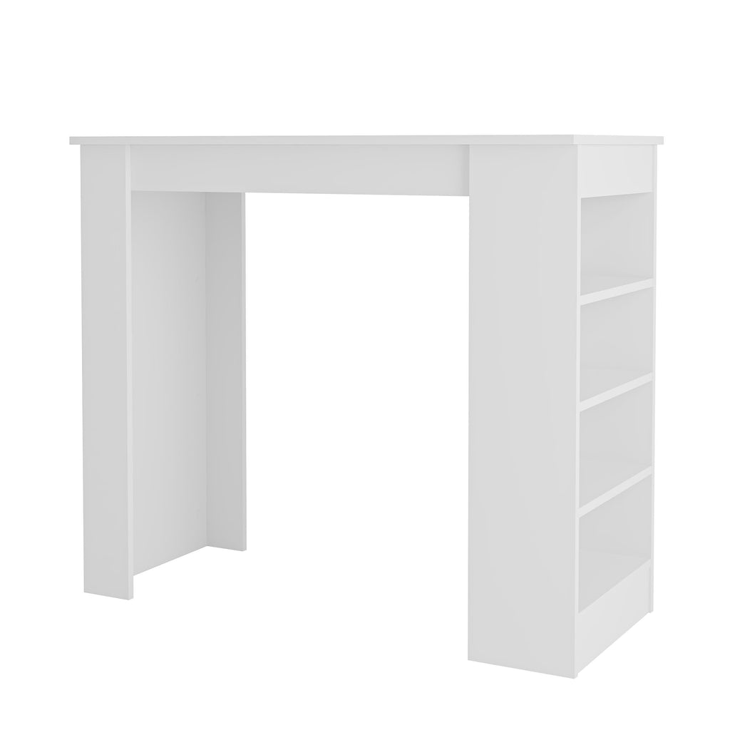White kitchen bar table with wide countertop and open side storage shelves