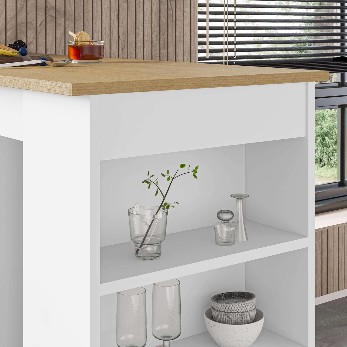 Close-up of white bar table with light wood top and open storage cubby shelves