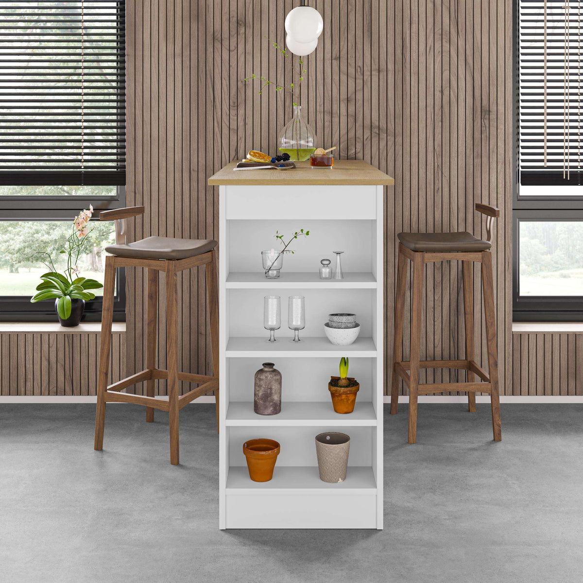 White bar table with light wood tabletop and open storage shelves in five compartments