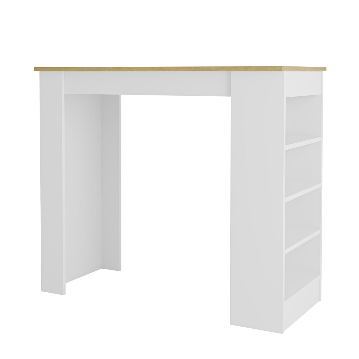 White kitchen bar table with dark top and right-side storage shelves