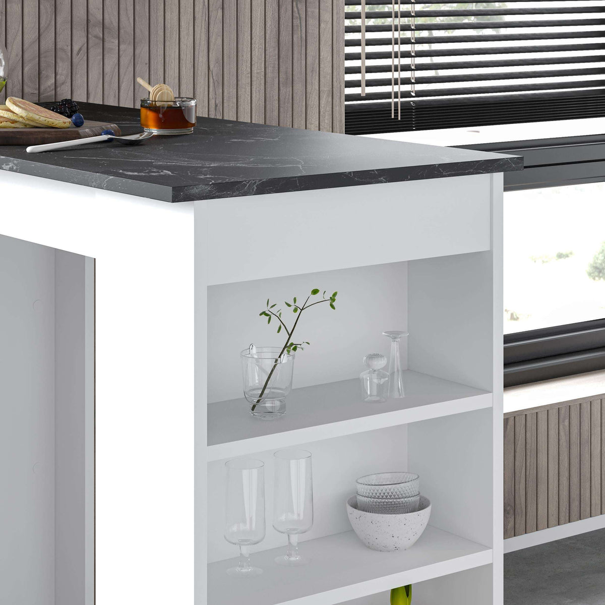 Modern kitchen bar table corner view with open shelves and glass items