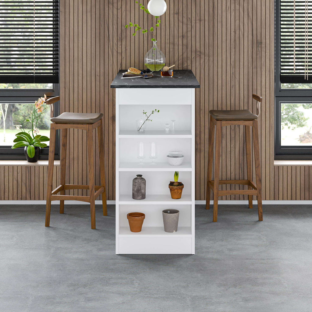 Modern kitchen bar table with storage shelves, dark top and light wood sides